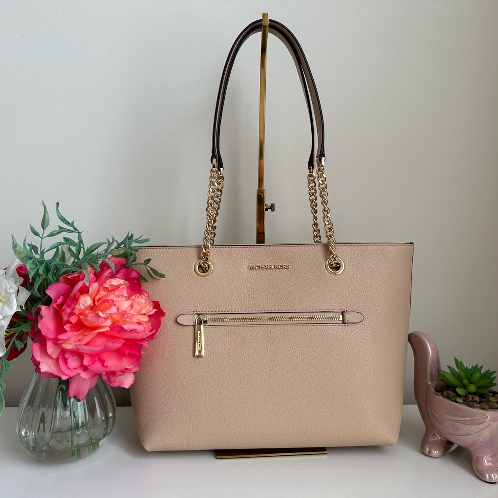 Michael Kors Jet Set Medium Leather Front Zip Chain Tote Buff Beige